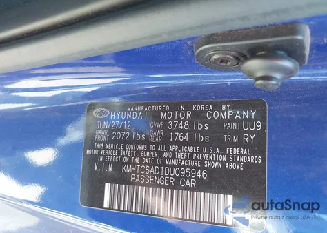 2013 Hyundai Veloster Base W/Black from USA, damaged, VIN KMHTC6AD1DU095946